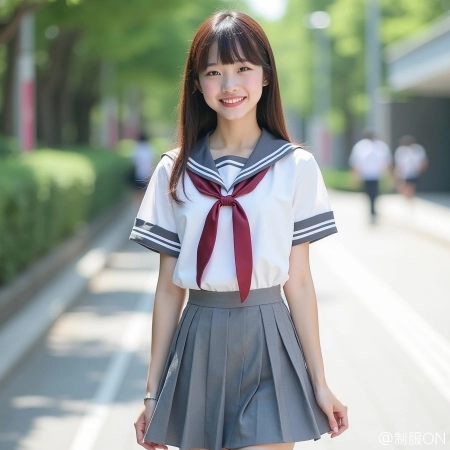 制服コーディネート｜セーラー夏服、白ライン、赤スカーフ、グレースカート