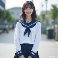 制服コーディネート｜セーラー合服、白ライン、紺スカーフ、紺スカート