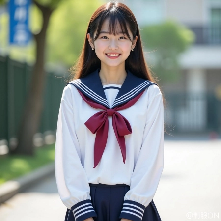 制服コーディネート｜セーラー合服、白ライン、赤スカーフ、紺スカート