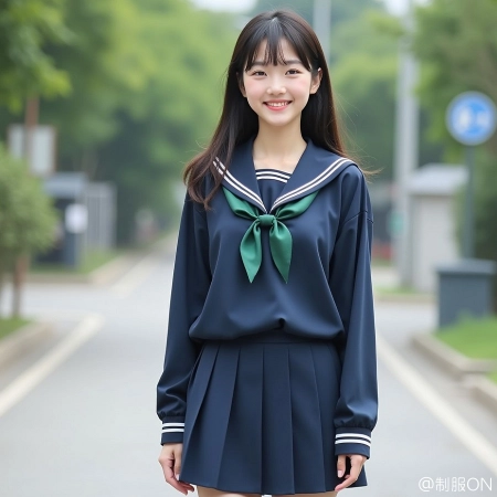 制服コーディネート|セーラー冬服、白ライン、緑スカーフ、紺スカート