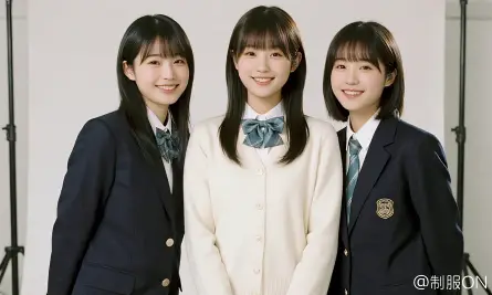 撮影スタジオで制服を着た3人の女性